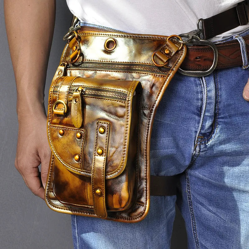 Men's genuine leather punk fanny pack with phone and ID pockets in multiple colour options