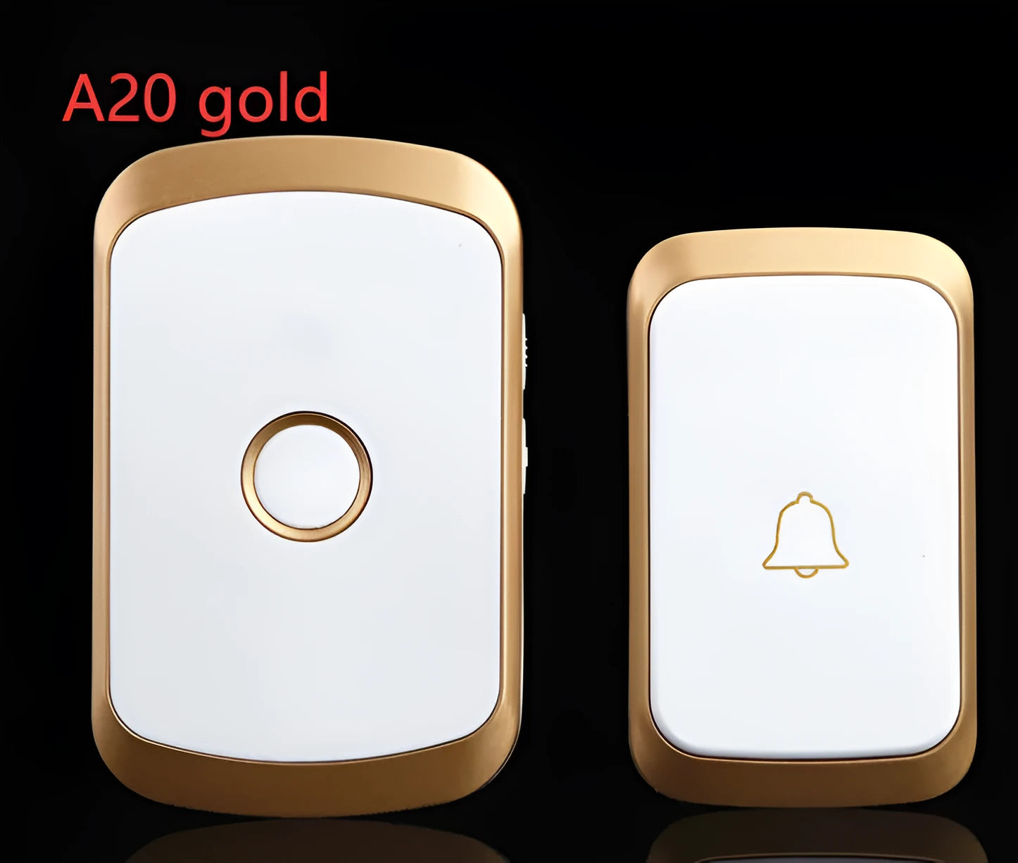 Wireless doorbell push button and plug-in chime unit in black, white, gold, or silver.
