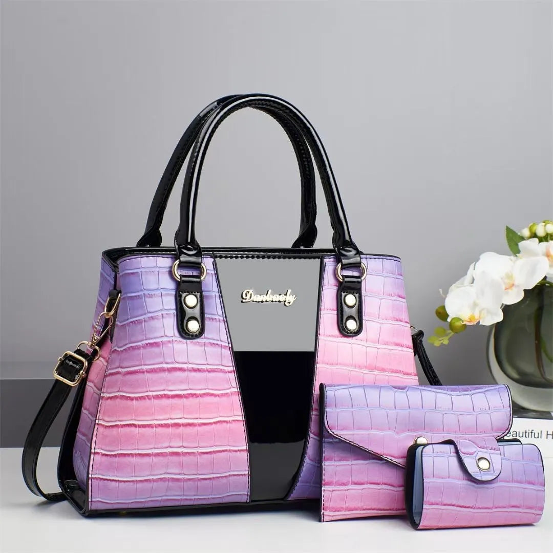 Women's crocodile stitch three-piece shoulder bag set in PU leather showing main bag, small bag, and card pouch