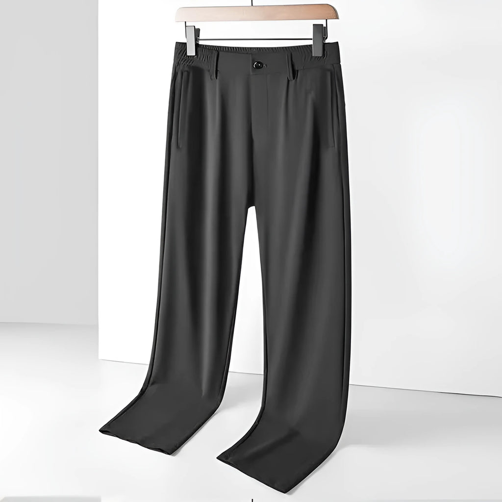 Men's ice silk straight leg trousers with elastic waist in black, dark blue and light grey colour options