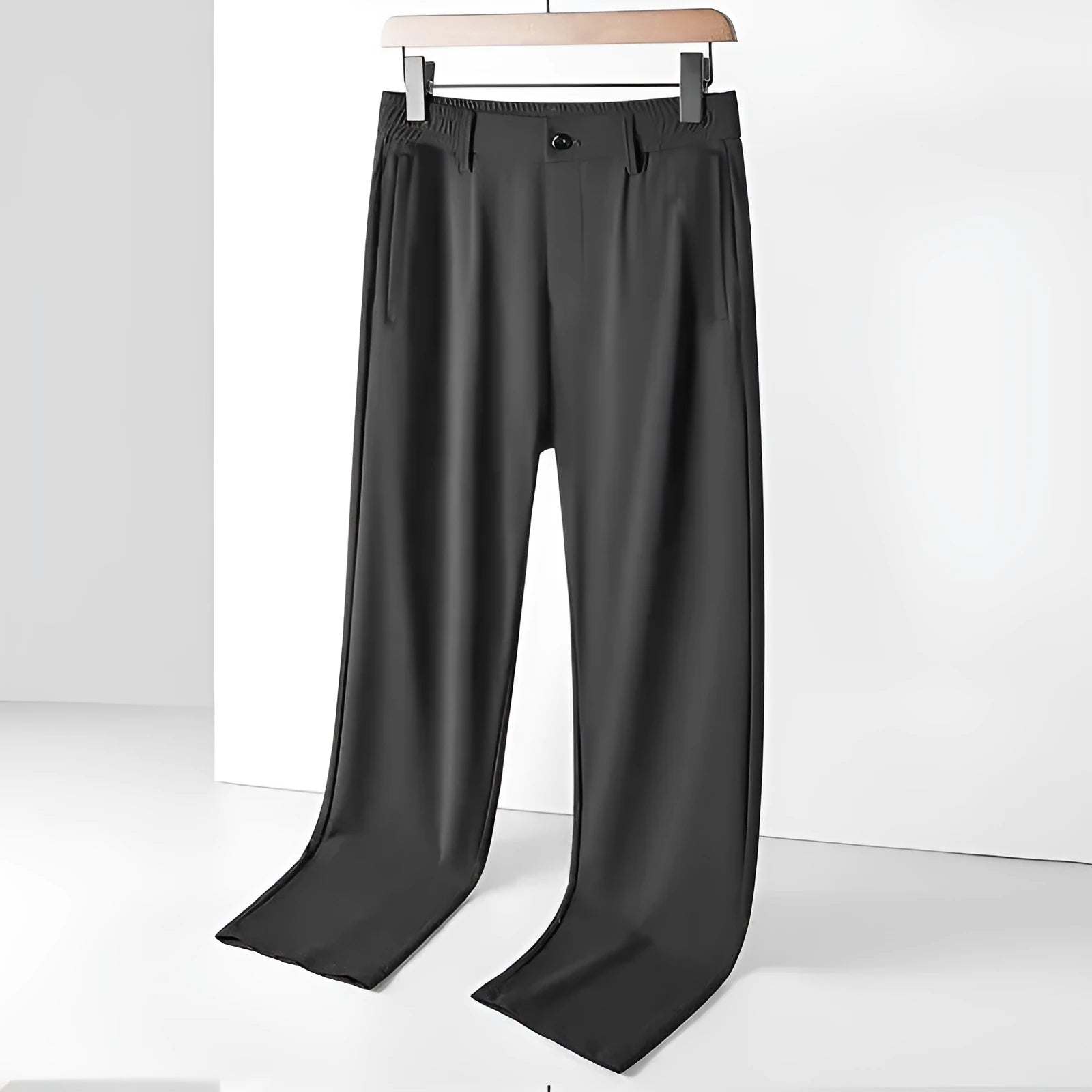 Men's ice silk straight leg trousers with elastic waist in black, dark blue and light grey colour options
