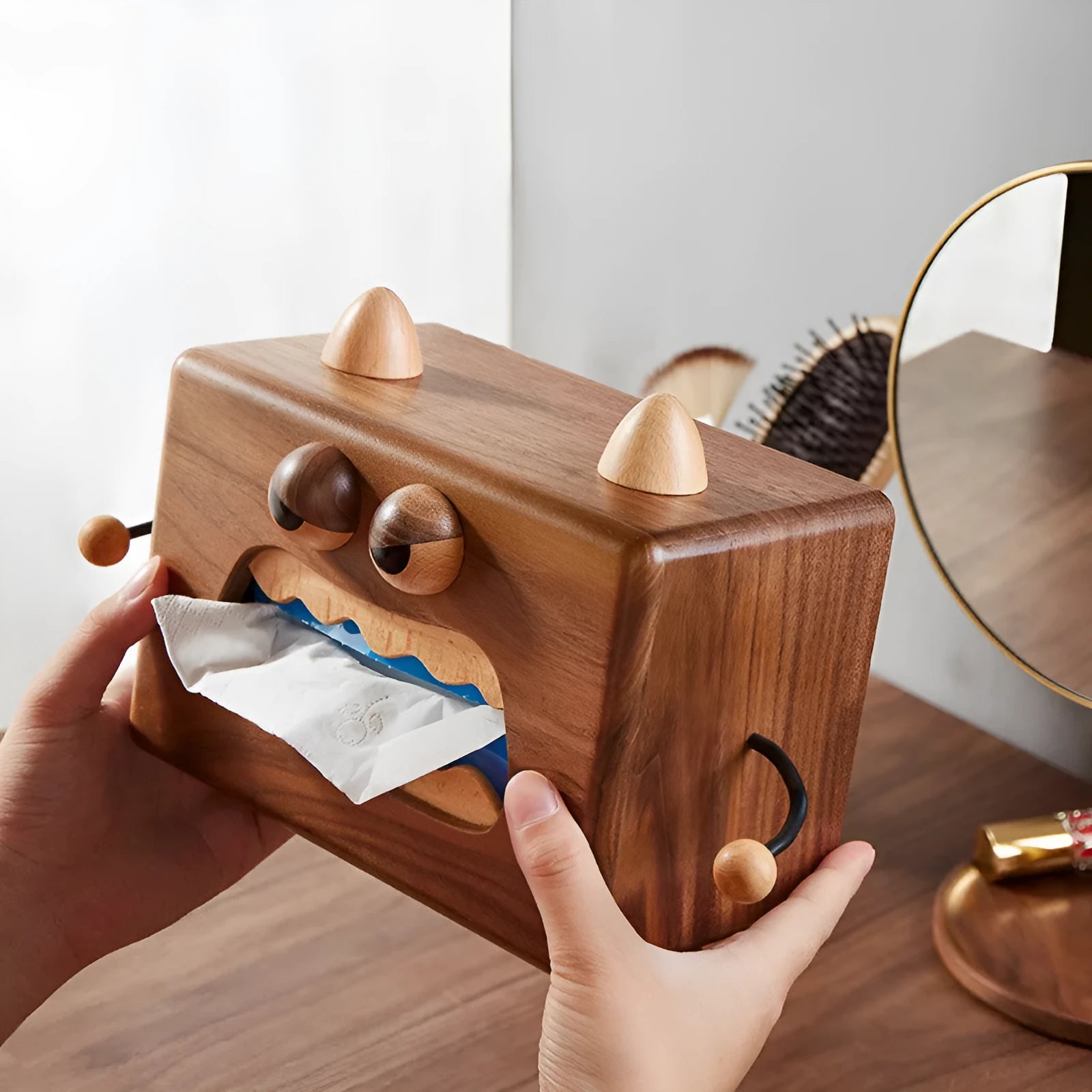 Wooden cartoon tissue box with little monster design in walnut beech finish measuring 190x104x125mm