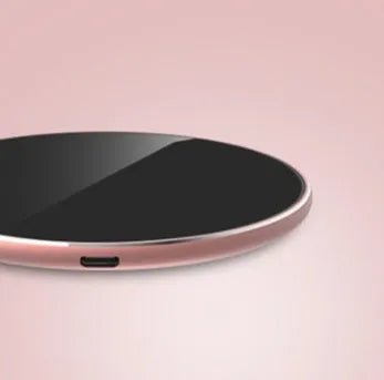 Ultra-thin aluminium alloy wireless charger in golden, red, rose gold, or silvery colours with Micro USB port