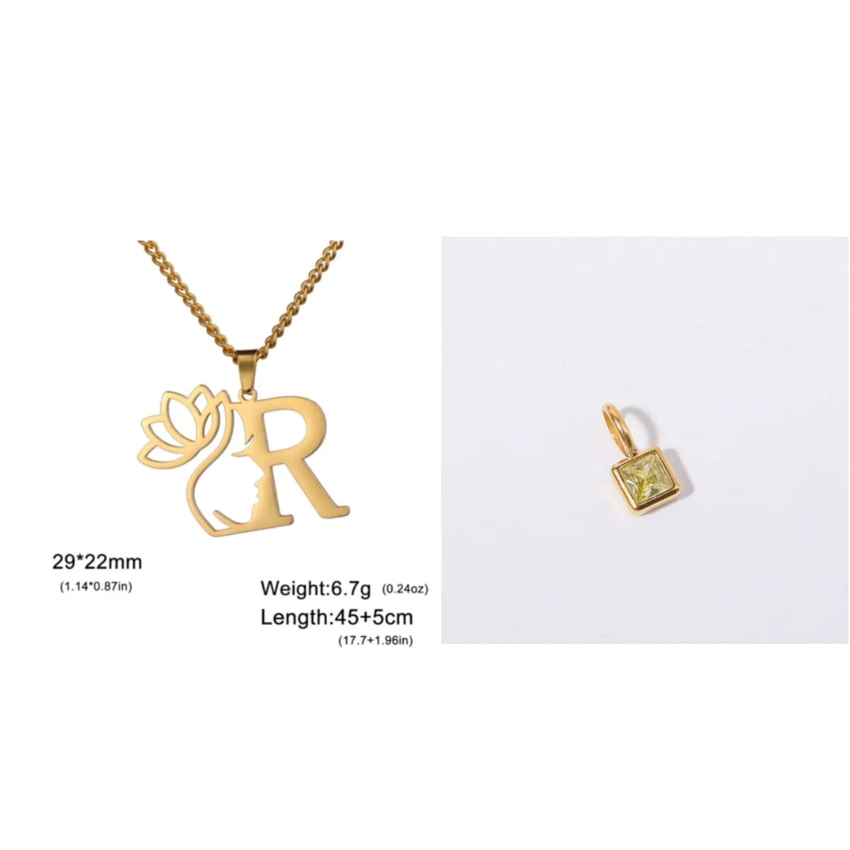 Stainless steel necklace with cross chain and a single letter pendant in gold or silver finish.