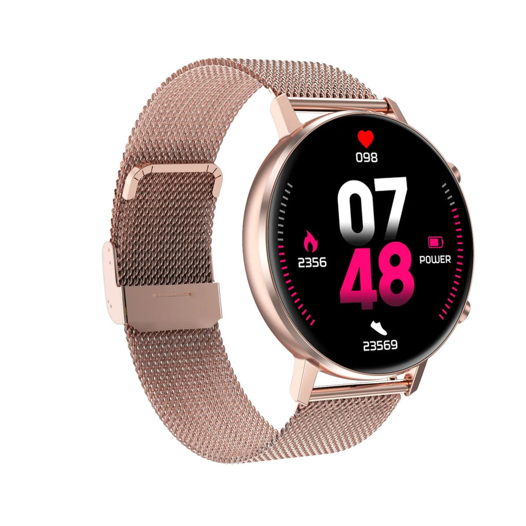 DT96 smart bracelet with steel strap on wrist, showing 1.3-inch screen.