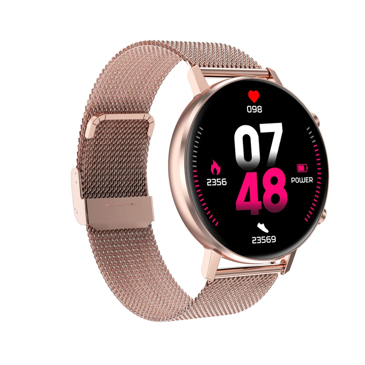 DT96 smart bracelet with steel strap on wrist, showing 1.3-inch screen.