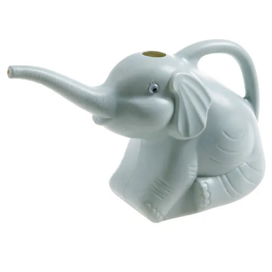 Pink children's elephant-shaped watering can with a long nozzle and baby bottle handle.