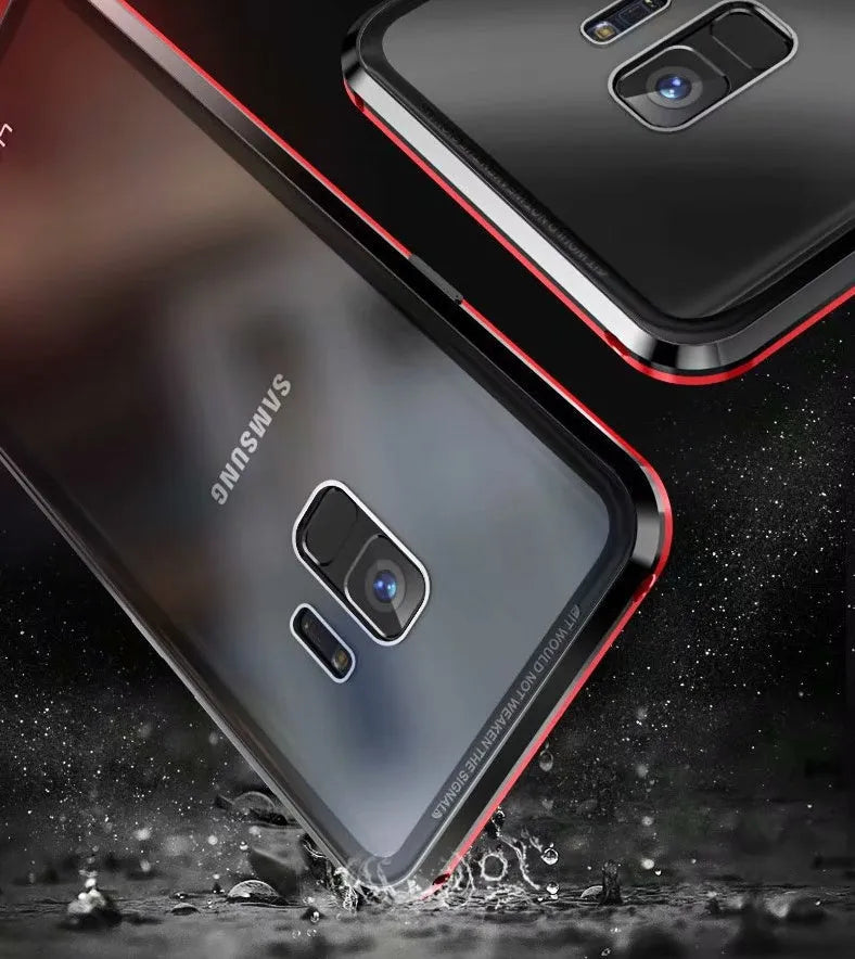 Anti-peeping magnetic clamshell phone case for Samsung Galaxy in black with double-sided glass