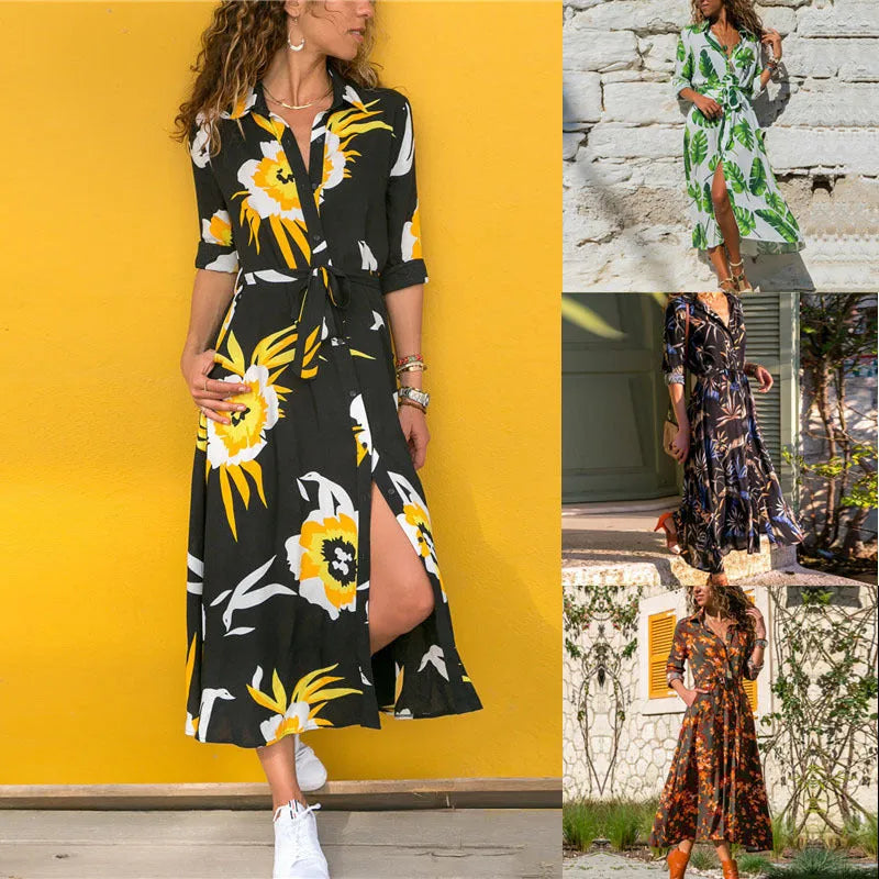 Women's vintage chiffon A-line dress with V-neck and high waist in printed polyester fabric available in multiple colours