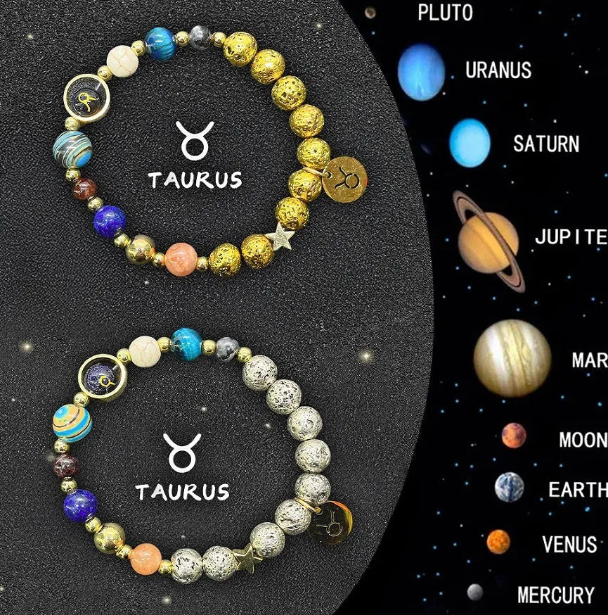Two natural stone beaded bracelets showing zodiac sign charms on a wooden surface.