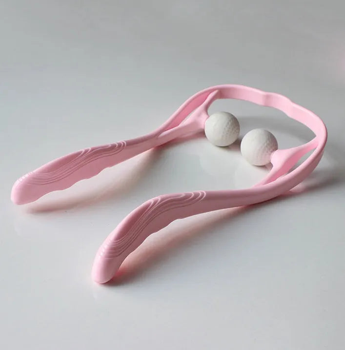 Plastic hand roller neck massager with adjustable stand and removable head in pink, blue, or green colours.