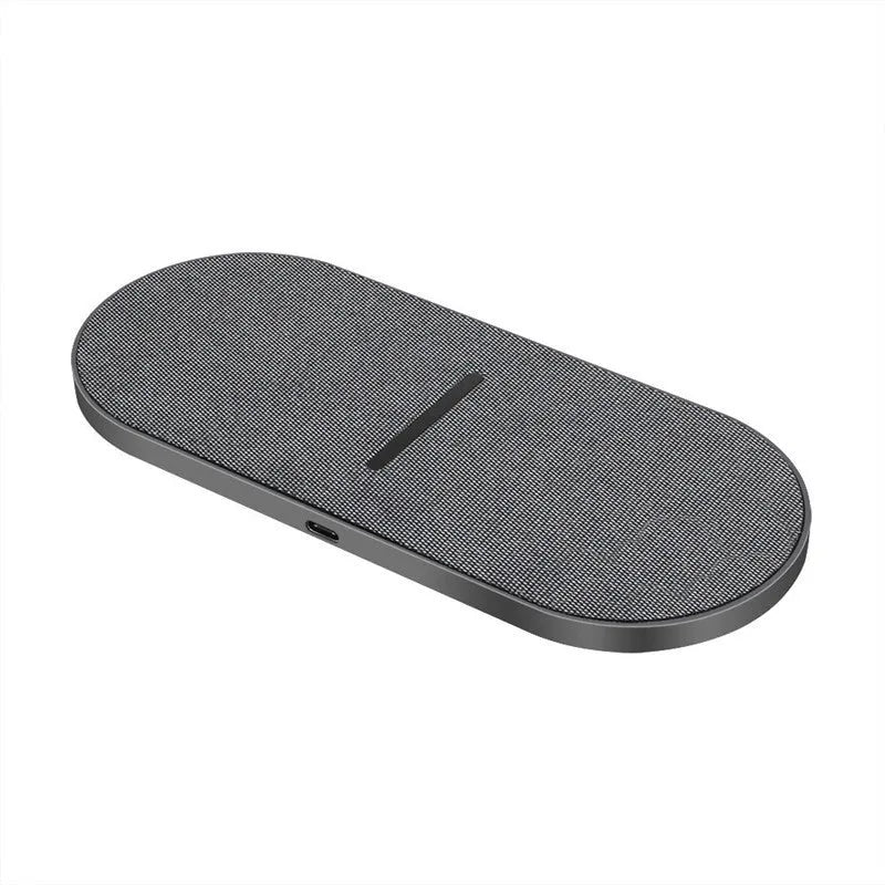 Black dual wireless charging pads with Type-C and USB cables for phone and earbud charging