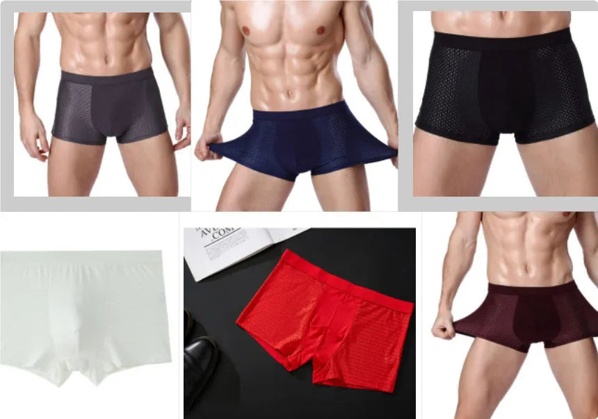 Men's solid colour ice silk modal boxer briefs with a U convex design on a mid waist.