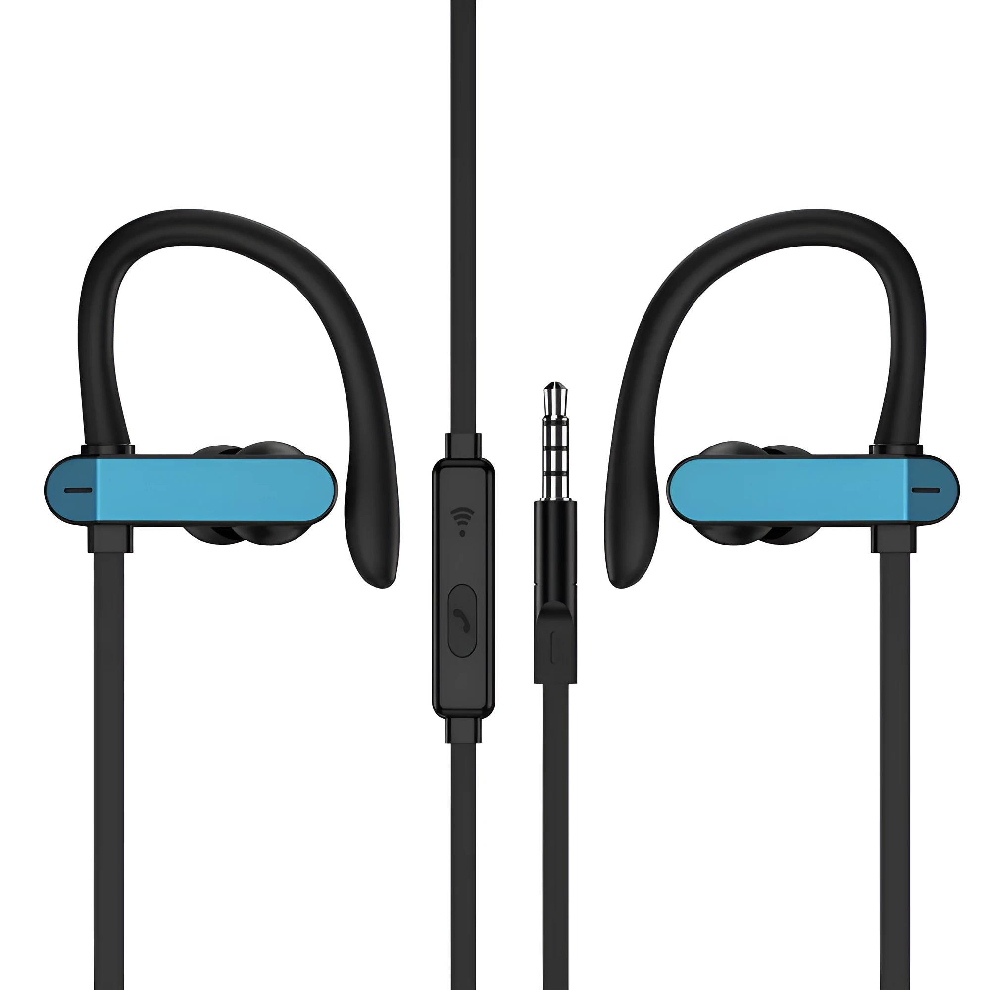 Black and blue sport ear hooks attached to PTM TS27 earphones with microphone.