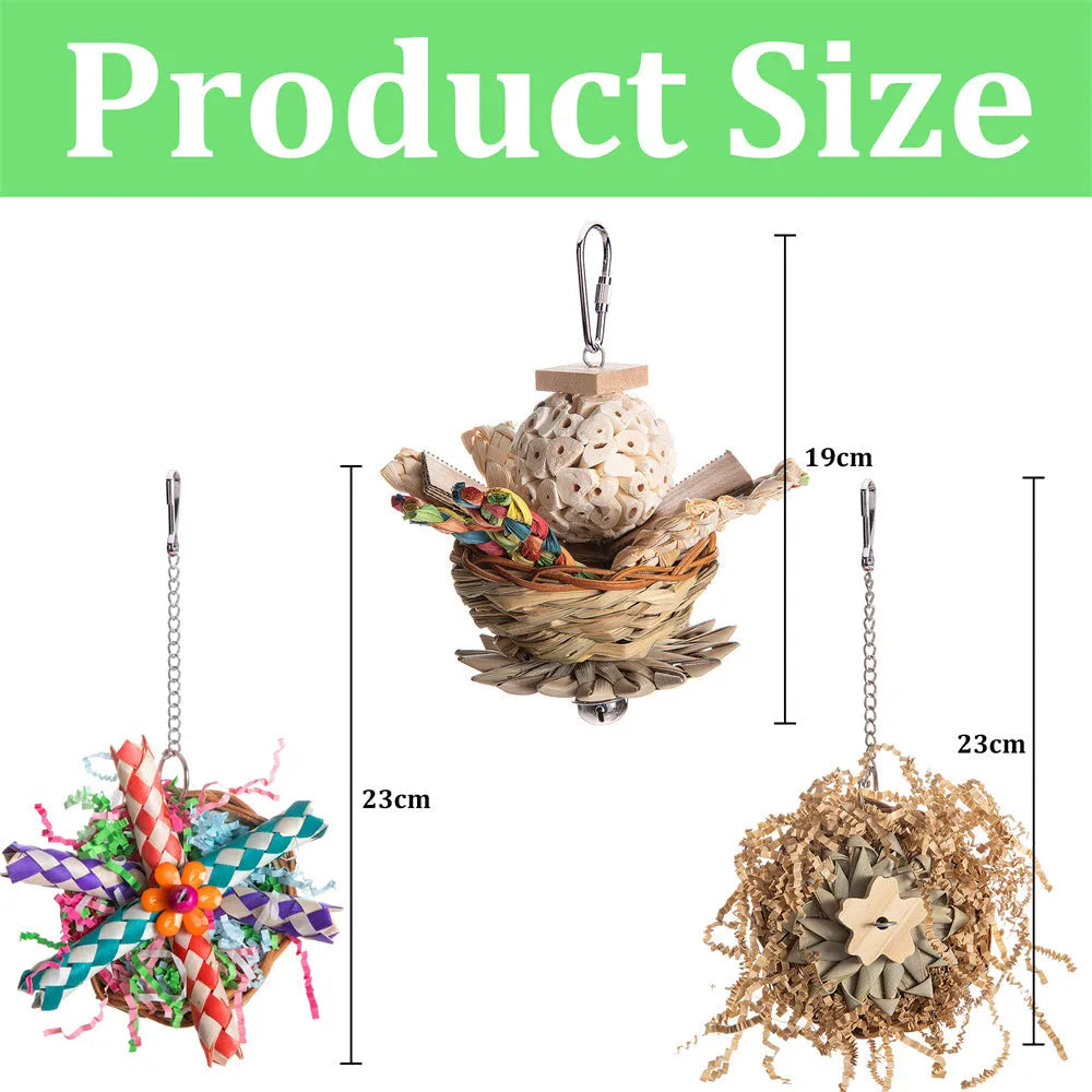 Parrot gnawing toy for beak maintenance in three different type specifications