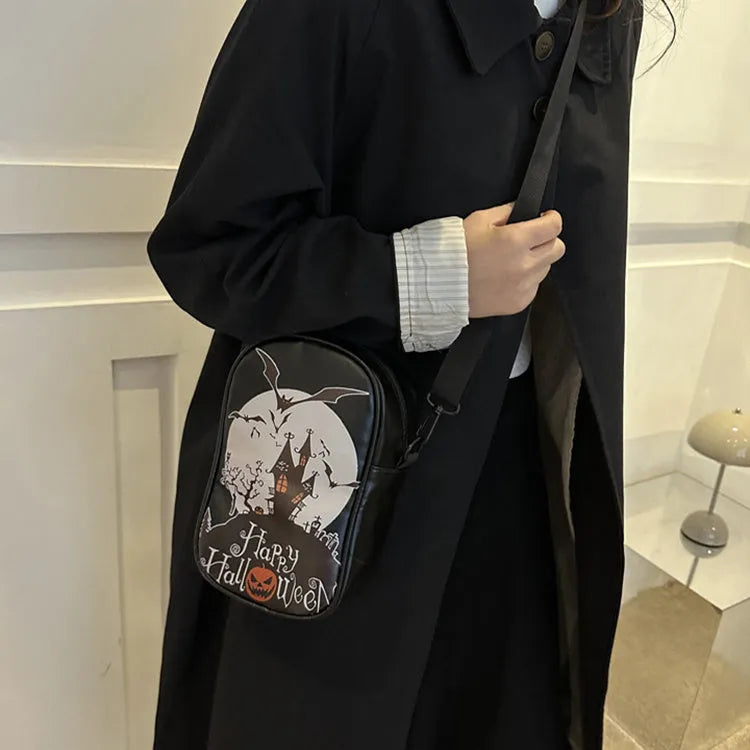 Halloween graffiti PU phone bag with pumpkin ghost bat cartoon print, crossbody shoulder bag