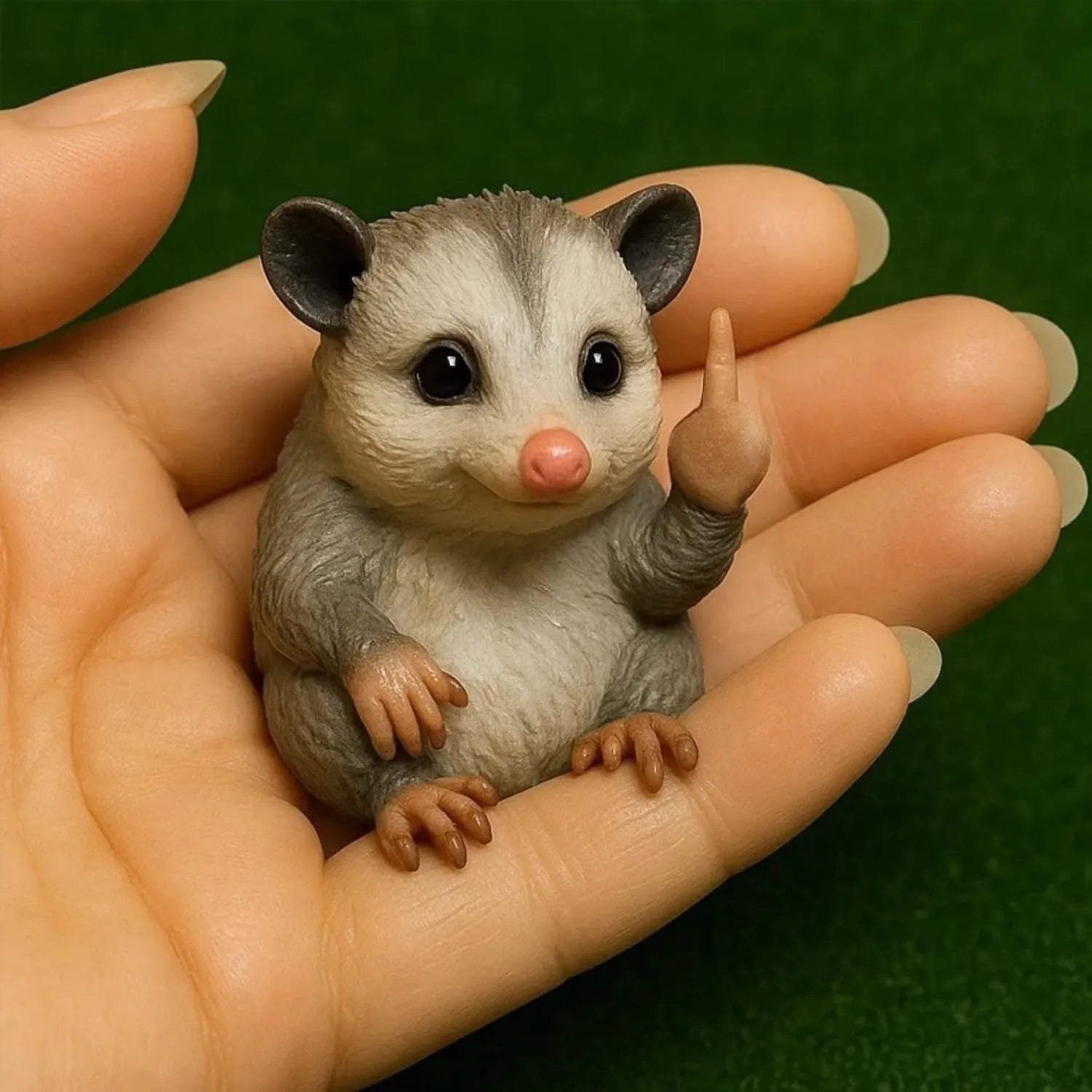 Miniature resin animal doll making a middle finger gesture, available in seven animal styles including cat and dog.