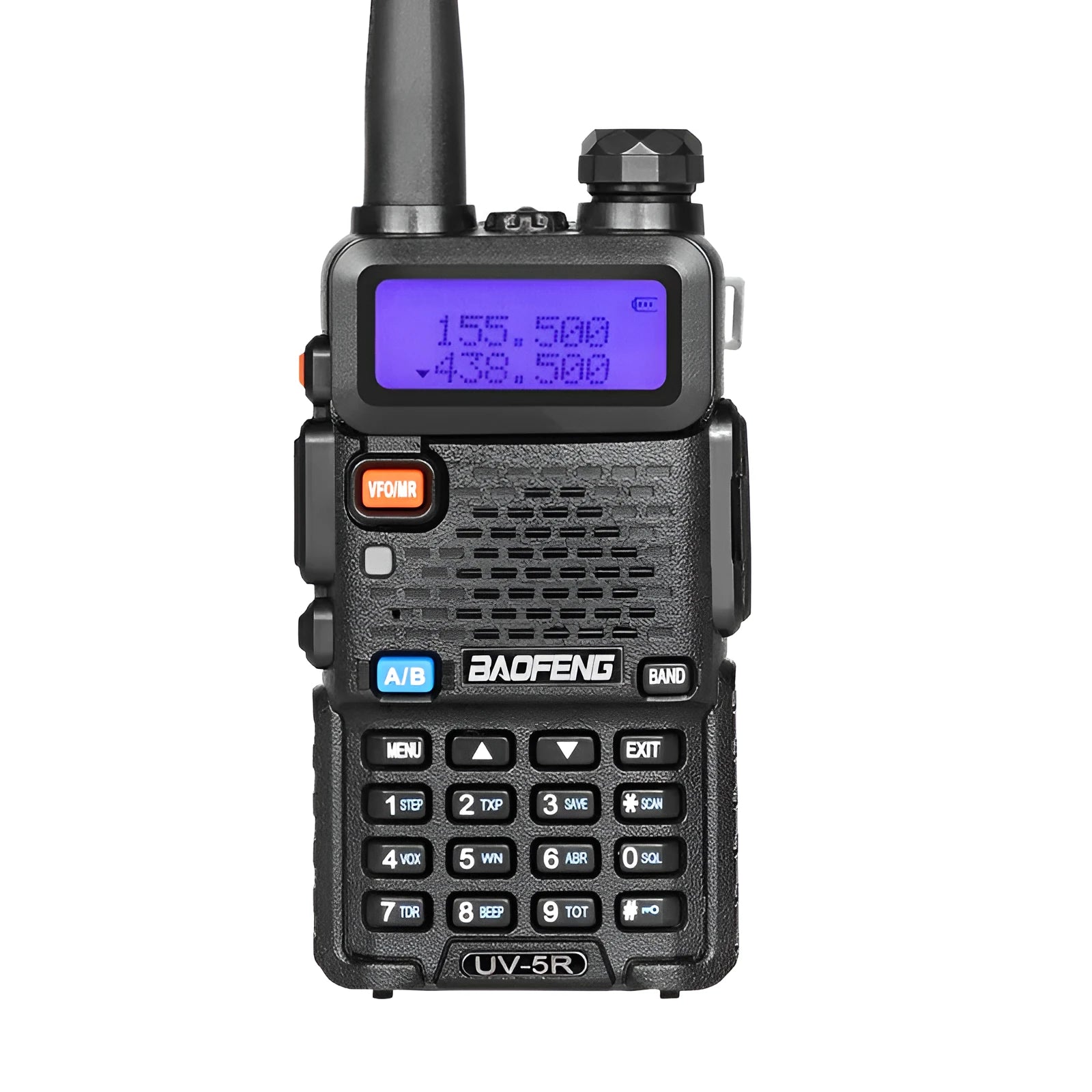 Compact black VHF UHF dual-band walkie talkie with antenna, LCD display, and side buttons