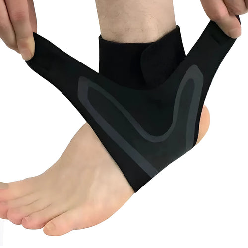 Adult ankle support brace for sports sprain recovery in sizes M, L, and XL.