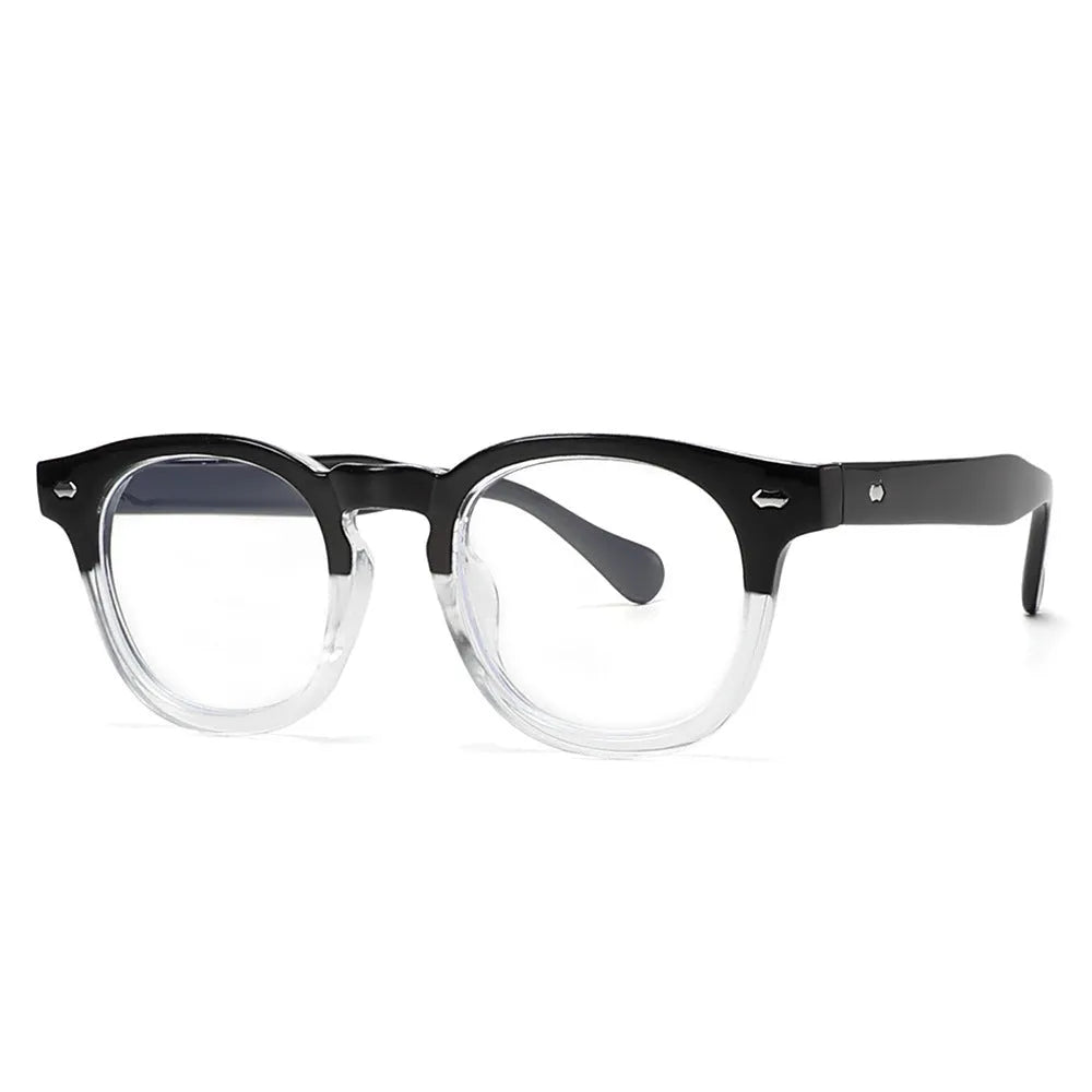 Round rim plastic sunglasses in bright black frame with black and grey lenses