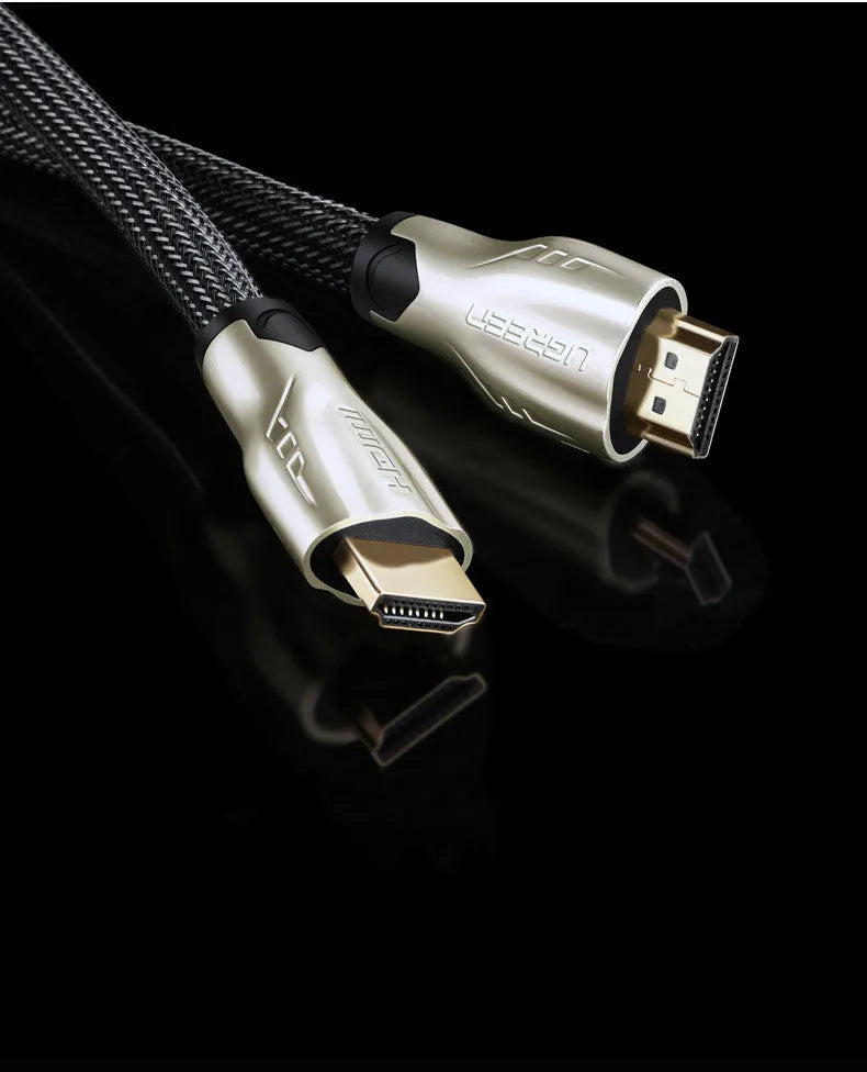 Black 5 metre long HDMI cable with gold-plated connectors on a white background.