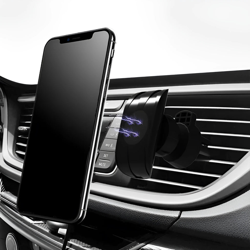 Black universal car phone holder attached to a car air vent.