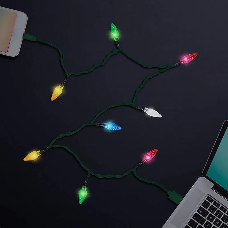 Green USB charging cable with ten flashing LED lights used for room decoration and night lighting