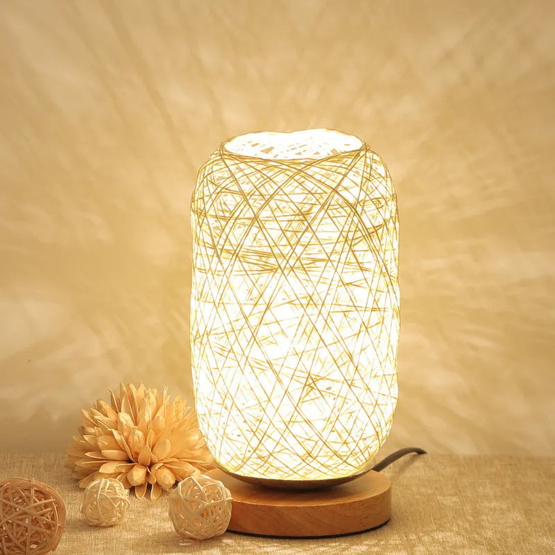 Natural hemp rope Sepak Takraw sphere desk lamp with solid wood base and USB cable