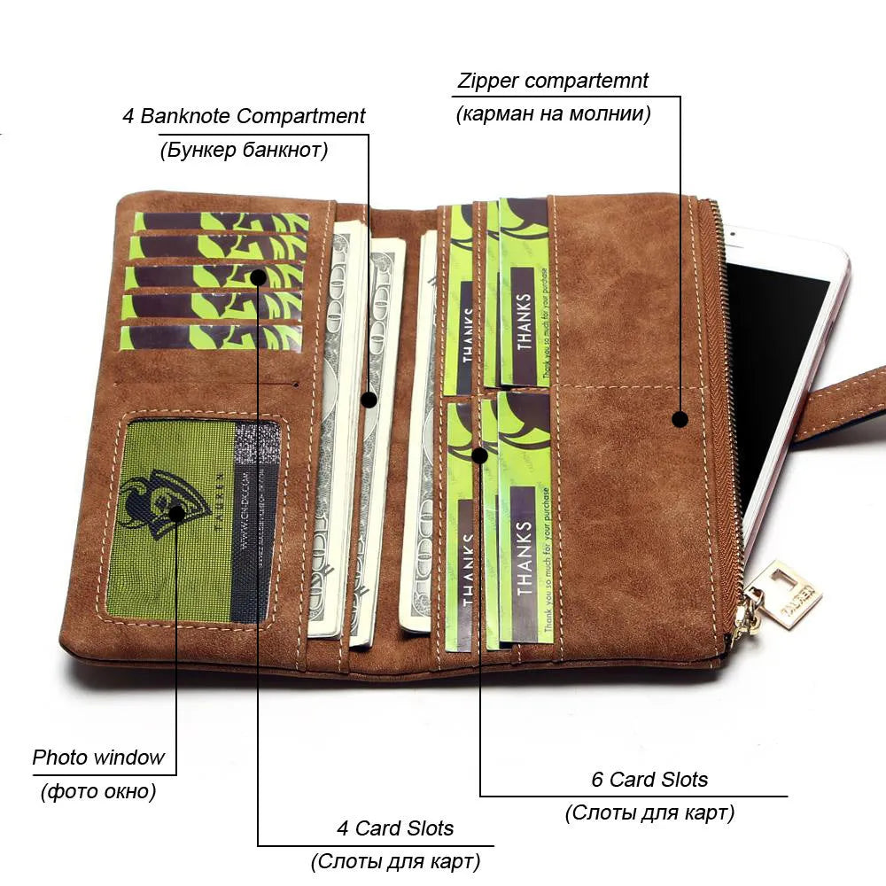 Vertical long wallet in retro matte PU leather with zip closure, shown open to reveal card slots and phone pocket.