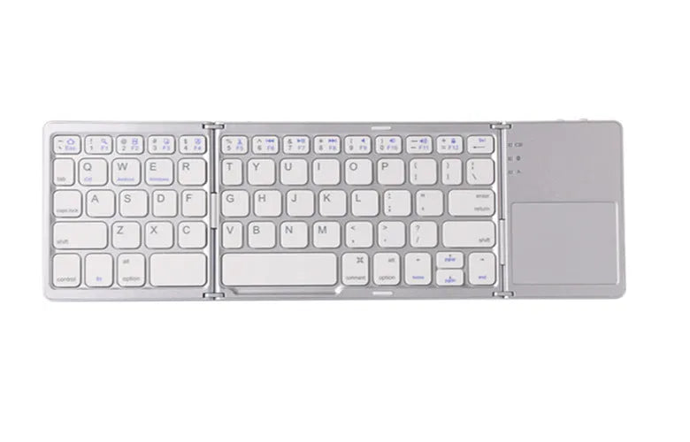 Black tri-fold folding Bluetooth keyboard with touchpad shown unfolded and folded