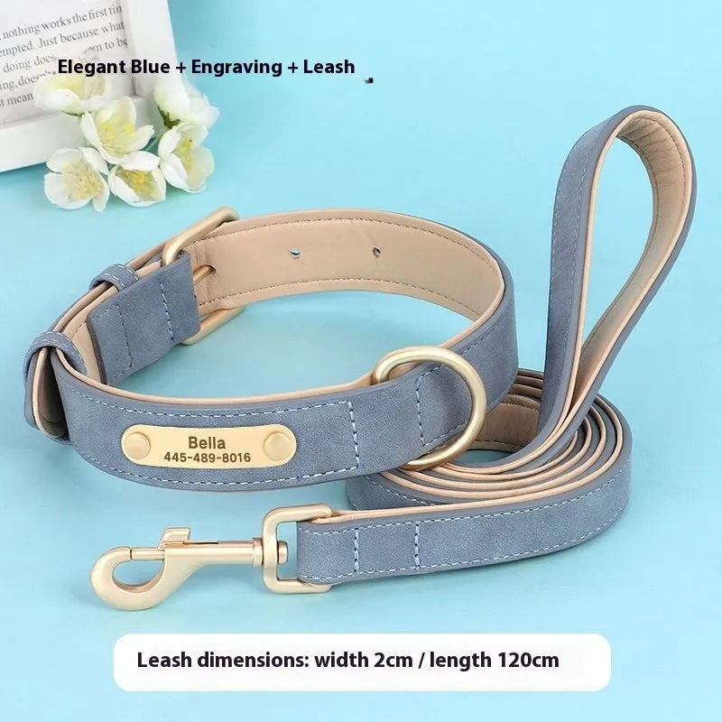Leather dog collar with mohair lining in rose red, brown or blue with matching traction rope