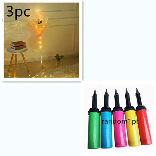 Transparent LED luminous balloon bouquet with artificial rose and glowing light inside, displayed as a DIY kit.