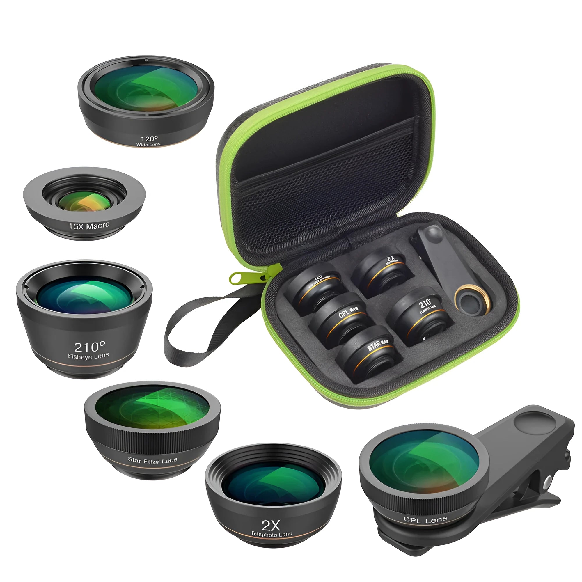 Black aluminium 6-in-1 mobile phone lens kit with universal clip attachment