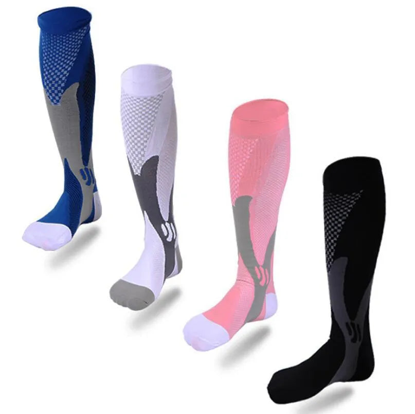 Athletic fit graduated compression socks for men and women in black, shown on a leg.