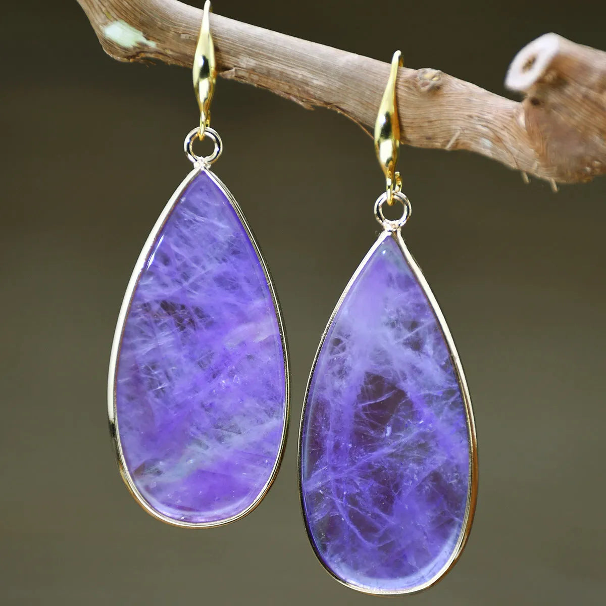 Vintage drop-shaped stone earrings in Tigereye, amethyst, pink crystal, Redstone, or turquoise colours.
