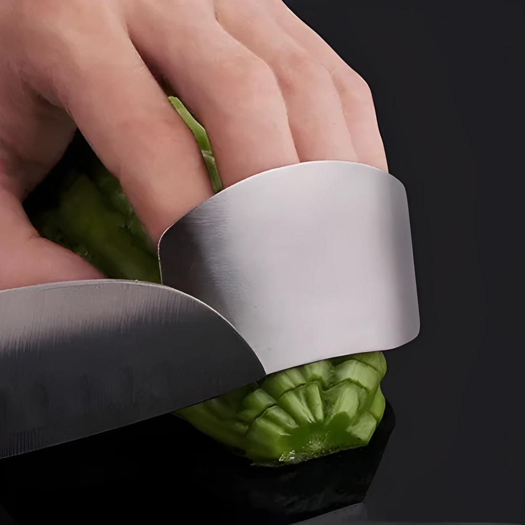Stainless steel finger guard for kitchen use, shown in single and double-finger sizes.