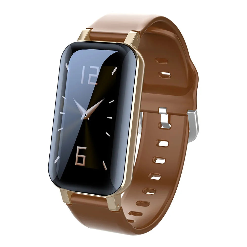 Smart call bracelet on wrist showing heart rate display, in black, blue, or coffee colour options.
