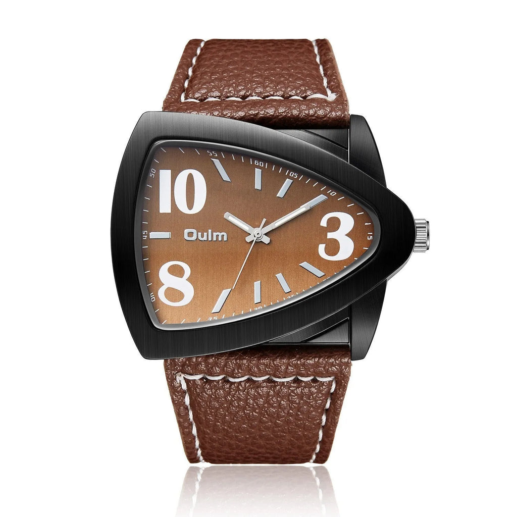 Men's casual triangle belt quartz watch in brown, black, or blue colour with 9mm thick case.