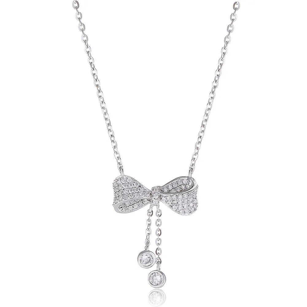 S925 sterling silver bow pendant clavicle necklace on 40-45cm O-ring chain