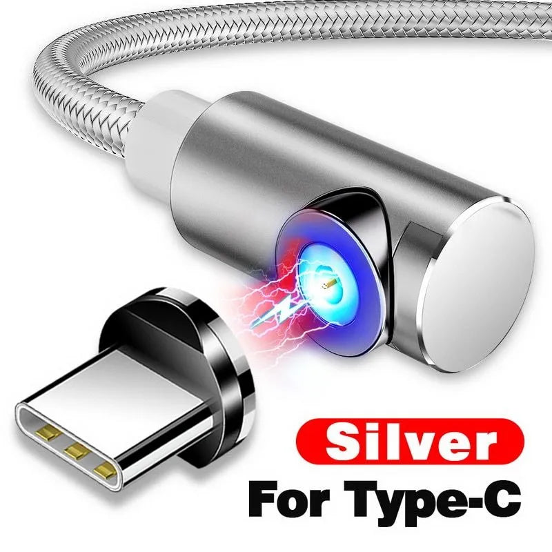 Black magnetic charging cable with aluminium alloy connectors and Micro USB, Type C, and Apple compatible magnetic tips.