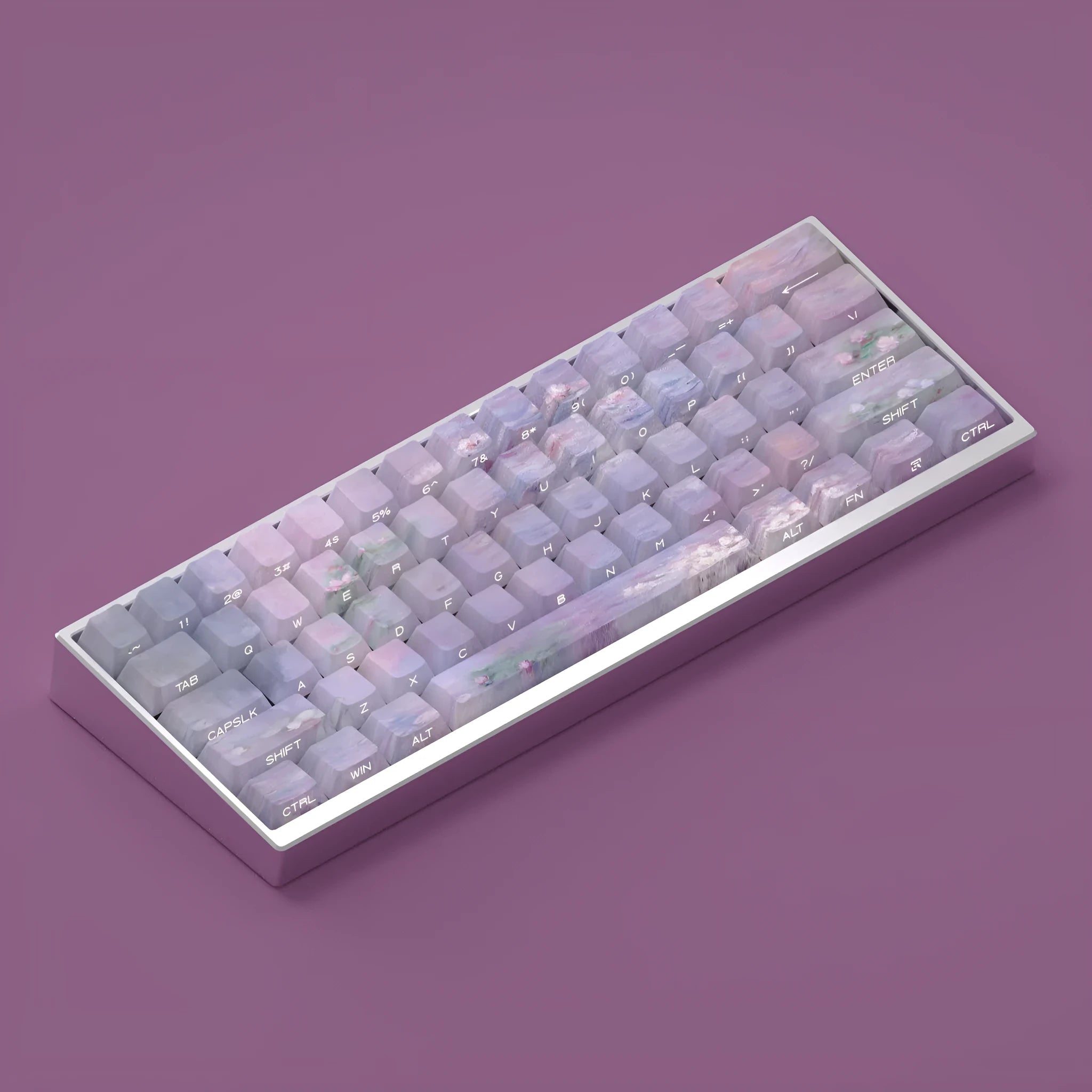 Wenshao Sleeping Lotus PBT key cap set showing side-carved transparent characters and complete 130-key layout