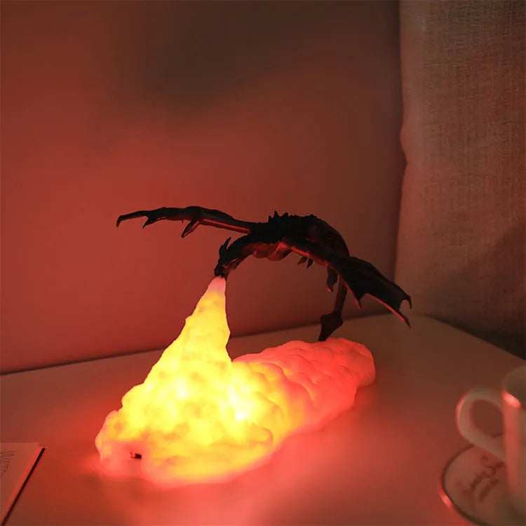 3D printed dragon-shaped night light with glowing red breathing LED effect on a table