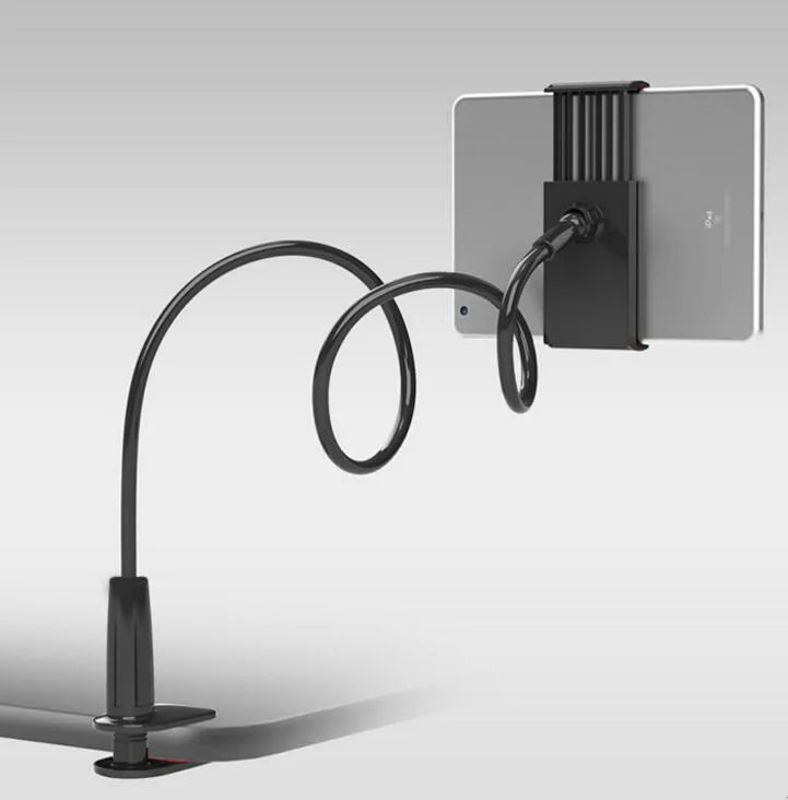 Black adjustable bedside phone holder with long arm on a table