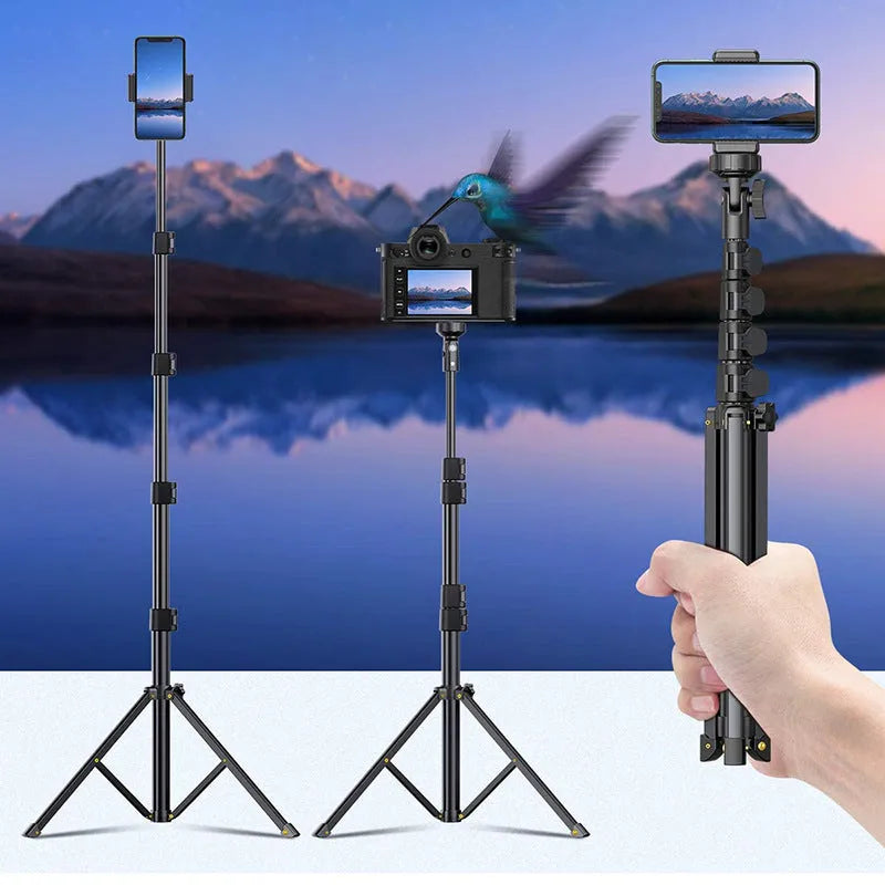Black aluminium selfie stick tripod extended for use with an Apple iPhone.