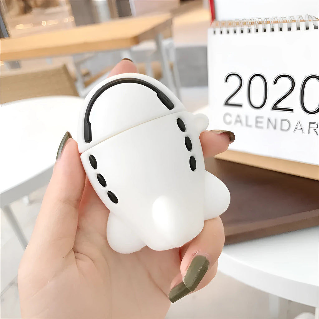 Cartoon aircraft headset design silicone flip case for Apple AirPods 1 and 2 with a metal carrying hook.