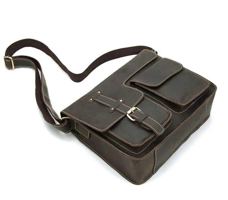 Genuine leather vintage messenger crossbody bag with adjustable shoulder strap