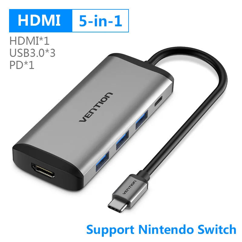 Deep grey Type-C multiport adapter with HDMI, USB 3.0, Ethernet, and memory card ports
