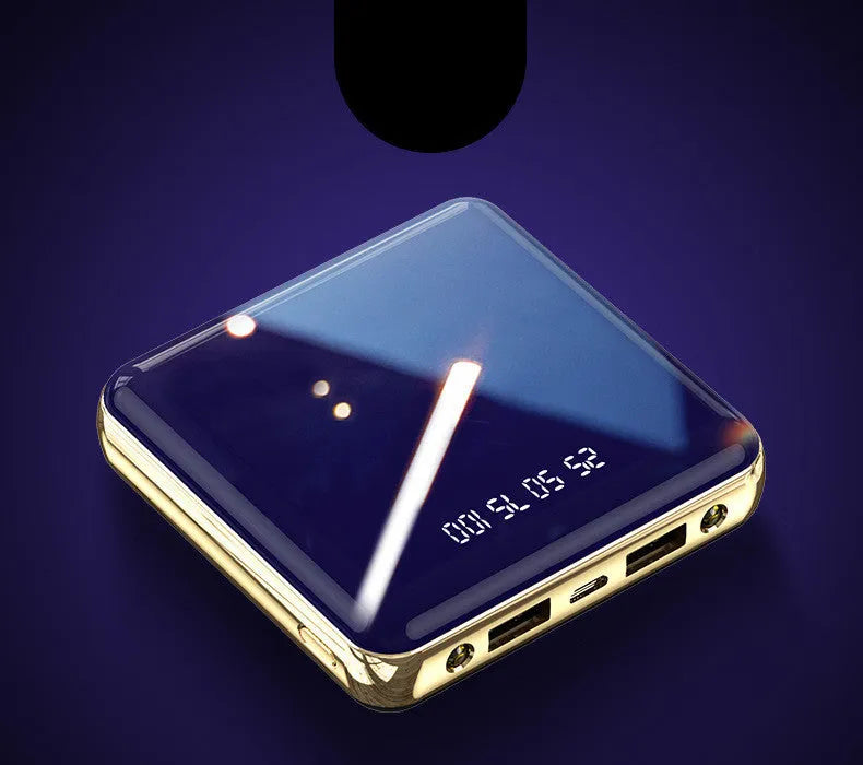 Mini power bank with aluminium shell showing multi-USB ports and compact 83mm dimensions