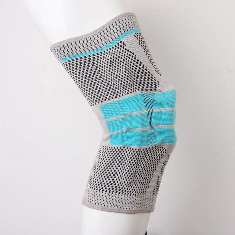 Sky blue elastic knee pads with silicone gel protection for sports.