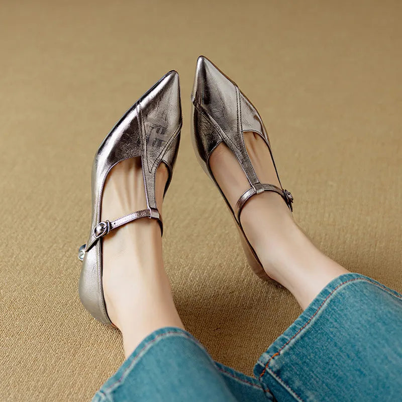 Women's genuine leather Mary Jane high heels with a chunky mid-heel and round toe in gun metal colour.